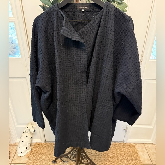 Eskandar Textured Swiss Dot Linen Open Front Cardigan Jacket Lagenlook 0